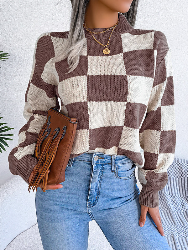Long Sleeves Loose Contrast Color Plaid Round-Neck Sweater Tops