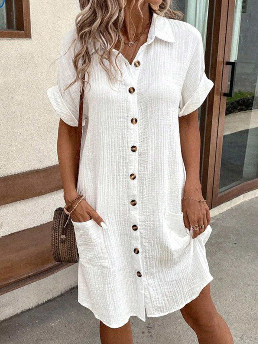 Half Sleeves Loose Buttoned Pockets Solid Color Lapel Mini Dresses