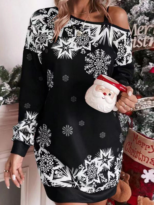 Bodycon Long Sleeves Contrast Color Printed Split-Joint One-Shoulder Midi Dresses