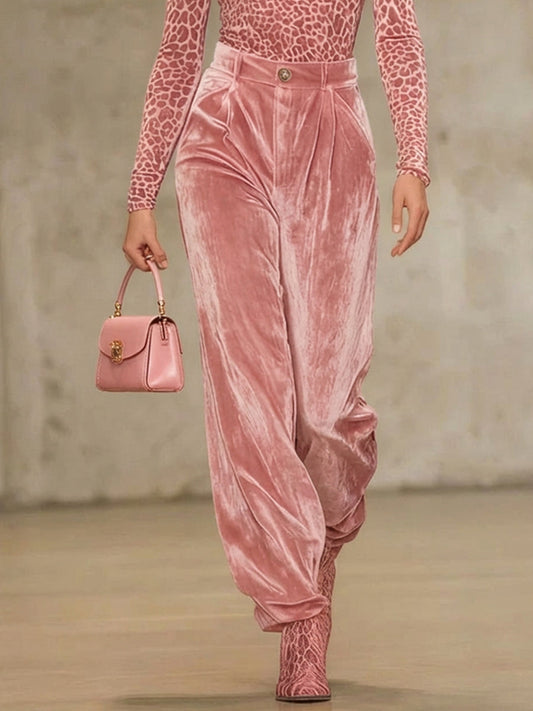 High Waisted Pleated Pockets Solid Color Velvet Pants Trousers