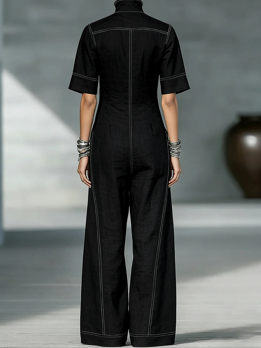 Loose Short Sleeves Pockets Solid Color Zipper Stand Collar Jumpsuits