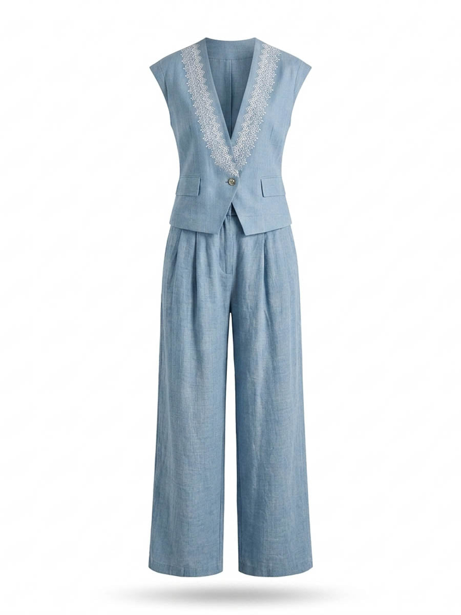 Loose Sleeveless Buttoned Pockets Solid Color V-Neck Vest Top