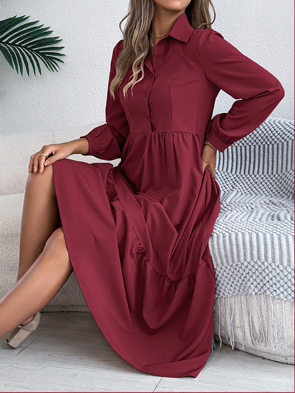 High Waisted Long Sleeves Pleated Ruffled Solid Color Lapel Midi Dresses Shirt Dress