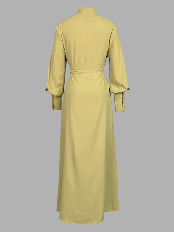 A-Line Long Sleeves Buttoned Pleated Pockets Solid Color Tied Waist V-Neck Maxi Dresses