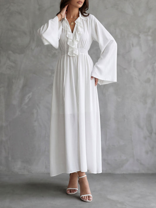 High Waisted Long Sleeves Pleated Ruffled Solid Color V-Neck Maxi Dresses
