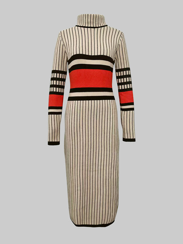Long Sleeves Skinny Contrast Color Striped High Neck Midi Dresses Sweater Dresses
