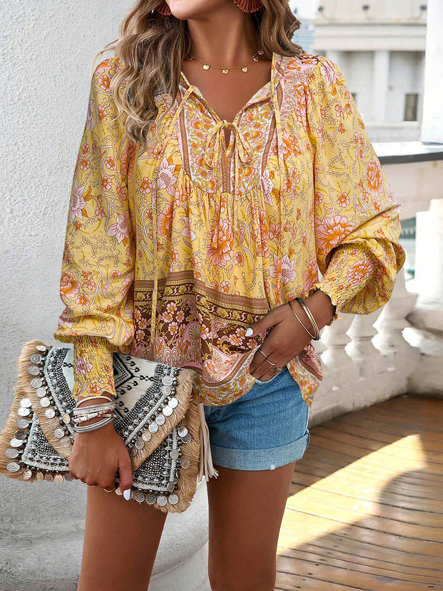 Long Sleeves Loose Contrast Color Drawstring Flower Print Pleated Split-Joint V-Neck Blouses&Shirts Tops