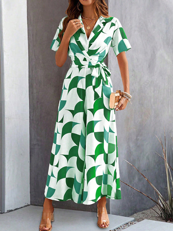 High Waisted Loose Buttoned Contrast Color Tied Waist V-Neck Jumpsuits