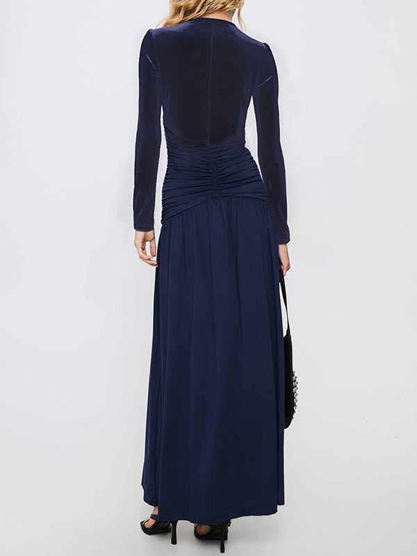 A-Line Bodycon Pleated Solid Color Split-Joint Split-Side Deep V-Neck Maxi Dresses