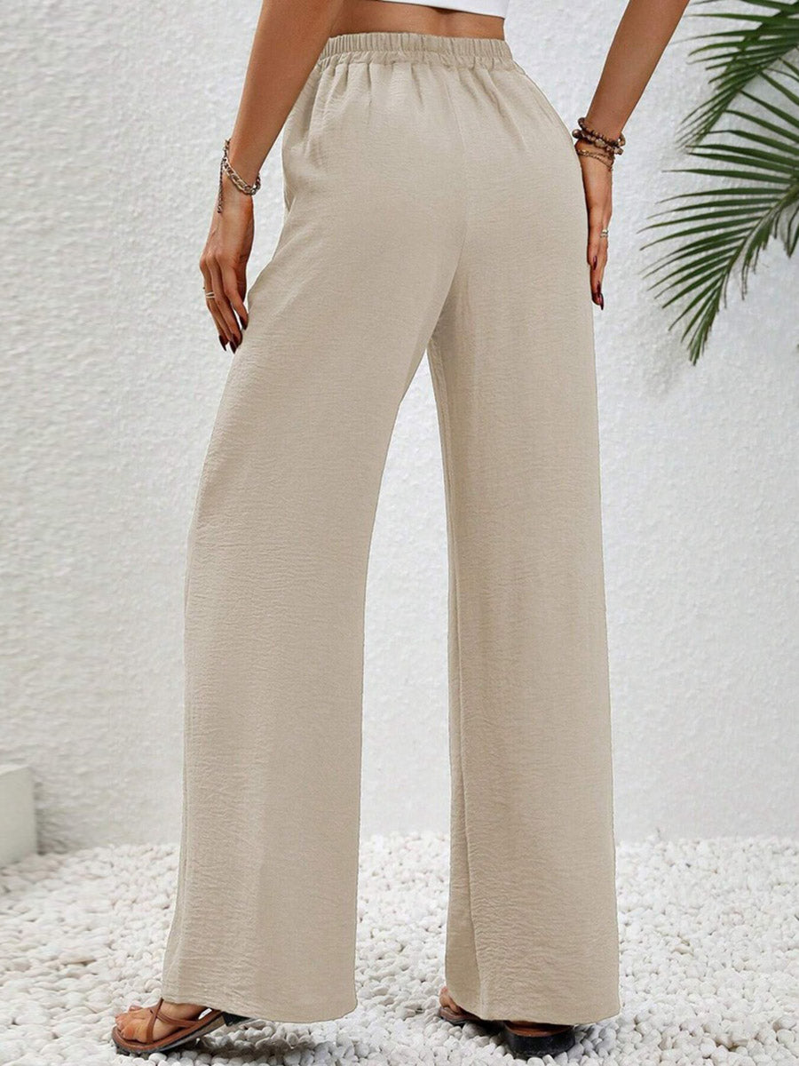 High Waisted Loose Elasticity Pleated Solid Color Tied Waist Pants Trousers