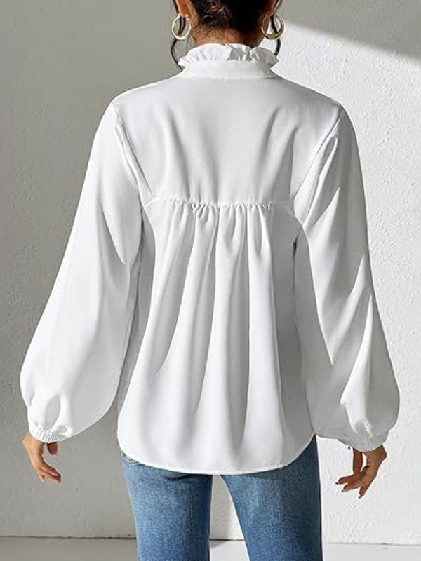 Long Sleeves Puff Sleeves Pleated Ruffled Solid Color Stand Collar Blouses&Shirts Tops