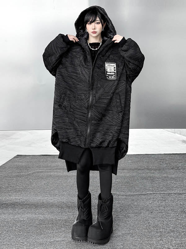 High-Low Irregularity Abstract Printed Contrast Color Split-Joint Zipper Hooded Outerwear Overcoat