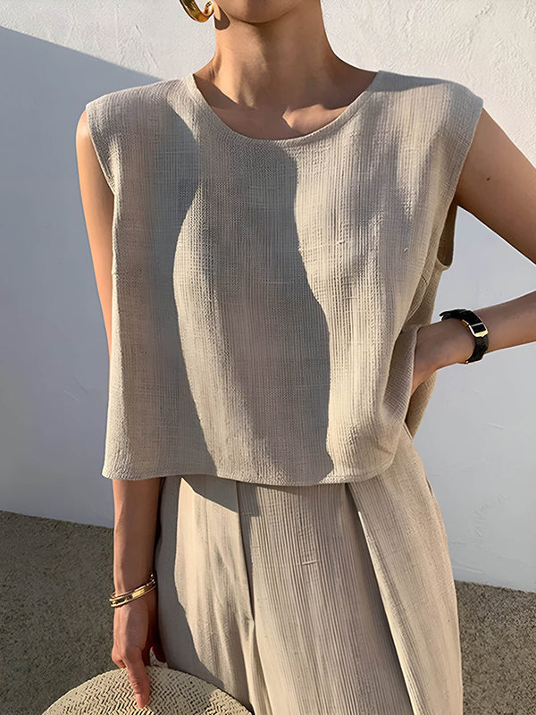 Loose Short Sleeves Hollow Solid Color Split-Joint Round-Neck Vest Top
