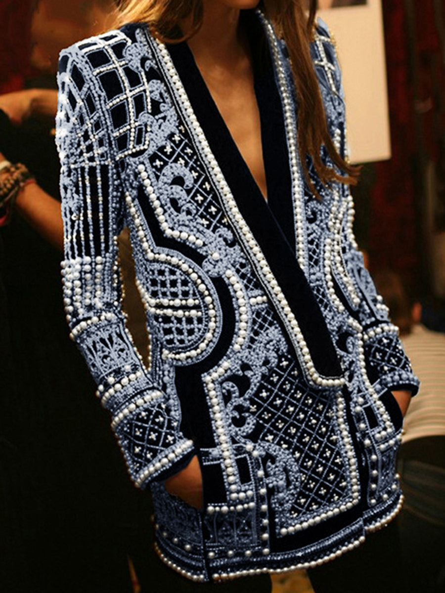 Long Sleeves Loose Beads Printed V-Neck Blazer Outerwear