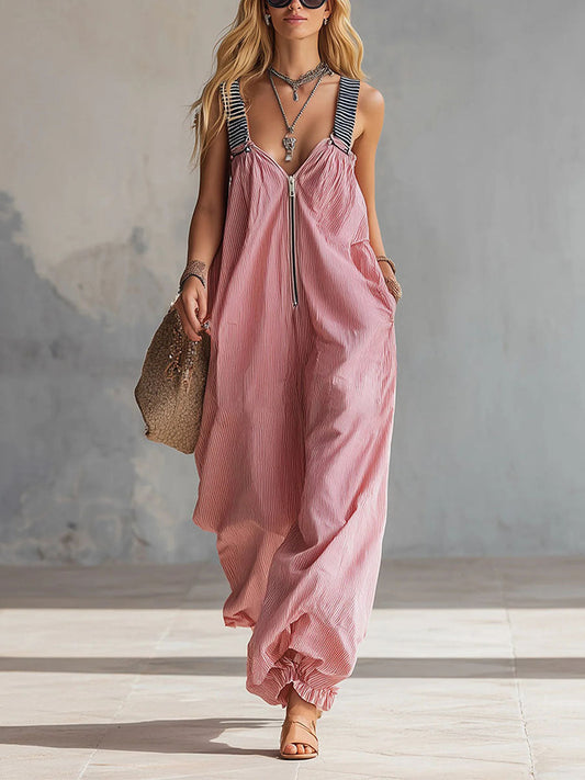 Loose Sleeveless Adjustable Elasticity Pleated Pockets Split-Joint Striped Zipper Deep V-Neck Jumpsuits