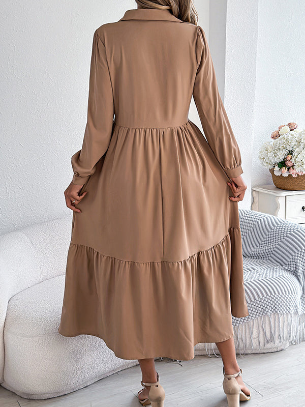 High Waisted Long Sleeves Pleated Ruffled Solid Color Lapel Midi Dresses Shirt Dress