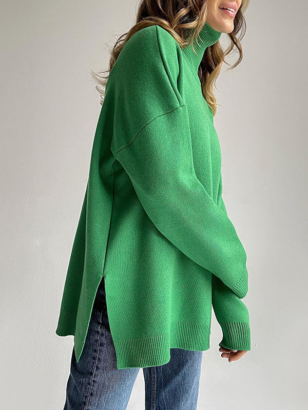 Casual Loose Long Sleeves Split-Side Solid Color High-Neck Sweater Tops