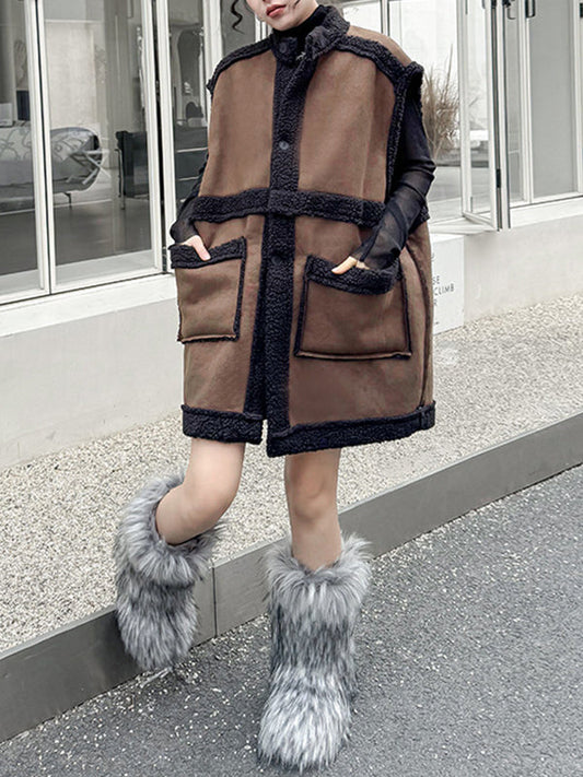 Loose Sleeveless Buttoned Pockets Split-Joint Stand Collar Vest Outerwear