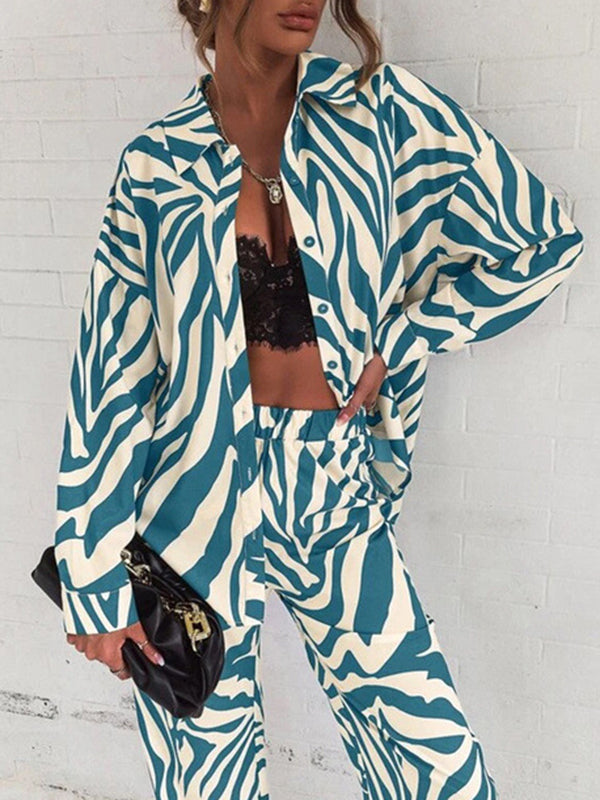 Zebra-Stripe Plus Size Lapel Blouses Top + Pants Bottom Two Pieces Set