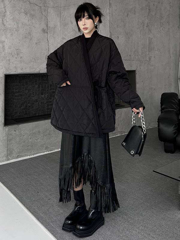 Long Sleeves Loose Plaid Quilted Solid Color Split-Joint Tied Collarless Outerwear Padded Coat