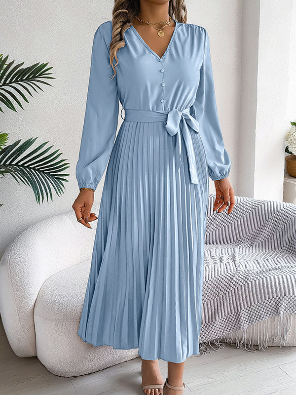 High Waisted Long Sleeves Belted Buttoned Pleated Solid Color V-Neck Maxi Dresses