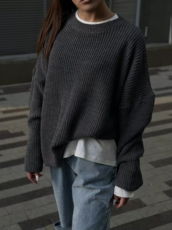 Long Sleeves Loose Solid Color Split-Joint Round-Neck Sweater Tops