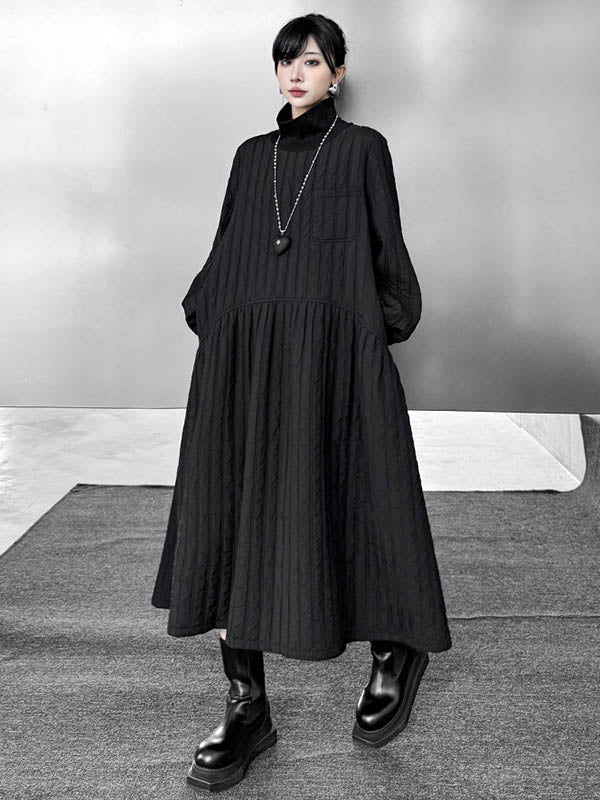 A-Line Long Sleeves Embossed Pockets Quilted Solid Color Split-Joint High Neck Midi Dresses Sweater Dresses