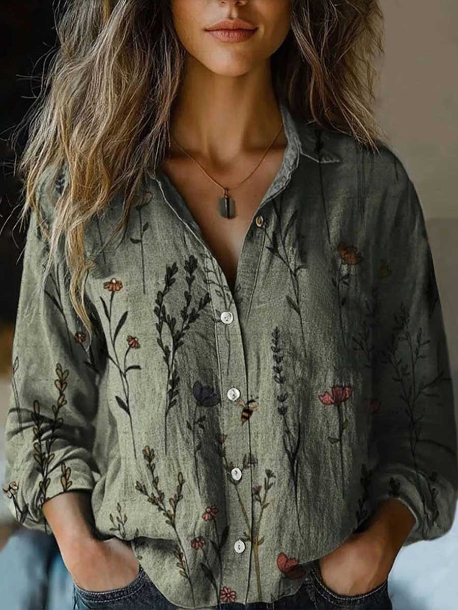 Long Sleeves Loose Buttoned Contrast Color Printed Split-Joint Lapel Blouses&Shirts Tops