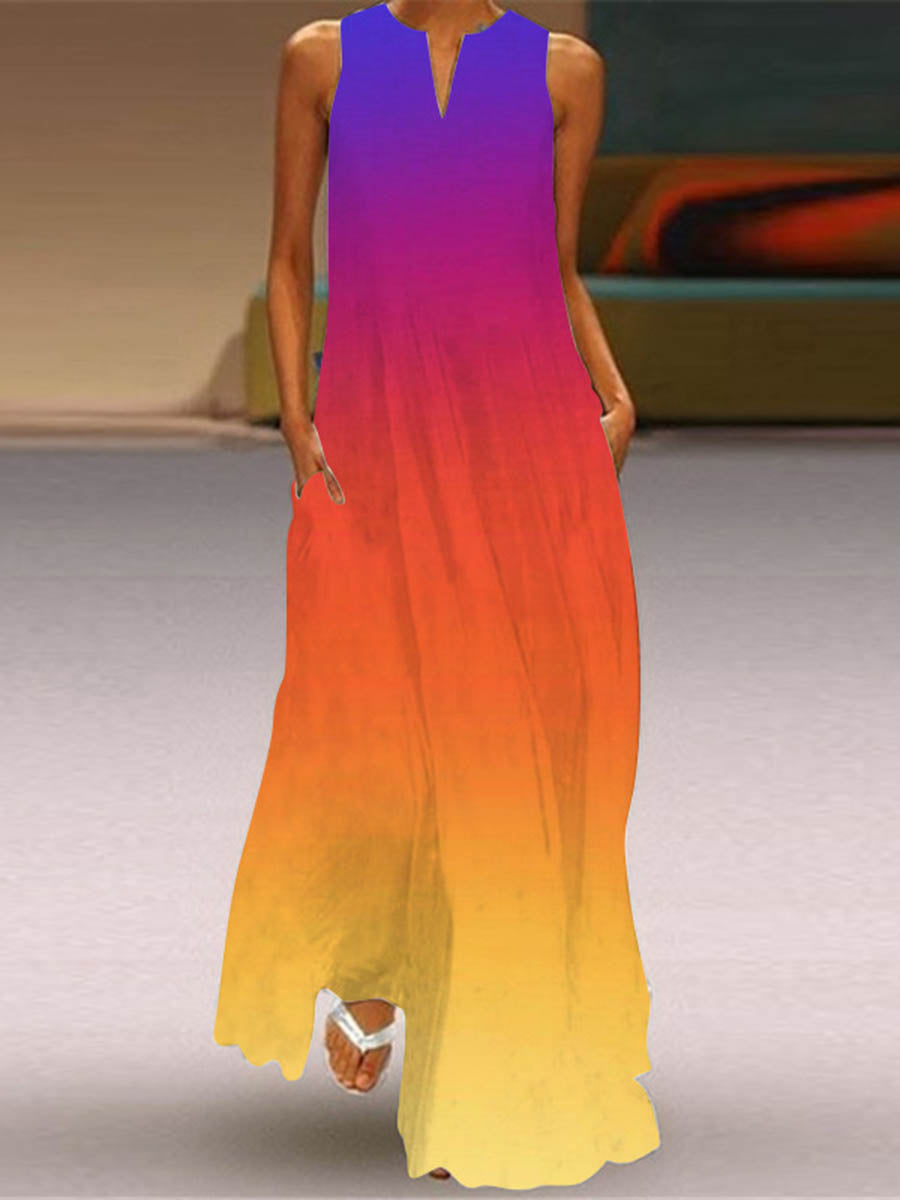 A-Line Loose Contrast Color Pockets Printed Split-Joint V-Neck Maxi Dresses