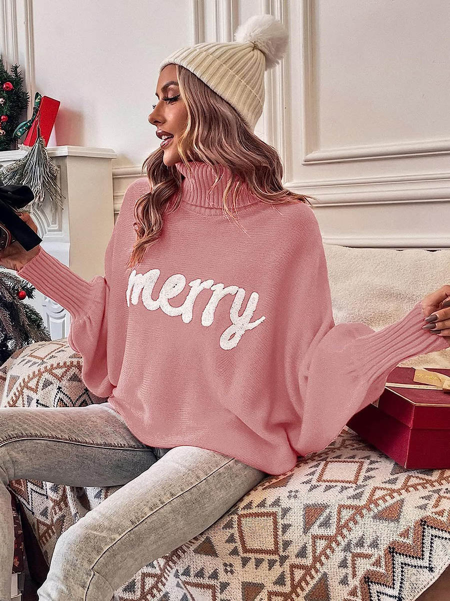 Long Sleeves Loose Contrast Color Printed Split-Joint High Neck Sweater Tops