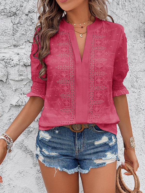 Half Sleeves Loose Elasticity Embroidered Hollow Solid Color V-Neck Blouses&Shirts Tops