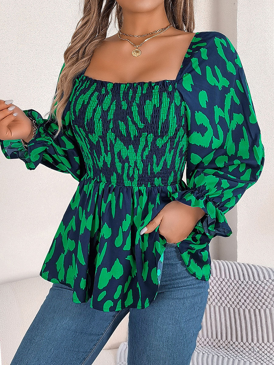 Long Sleeves Puff Sleeves Leopard Pleated Ruffled Square-Neck T-Shirts Tops