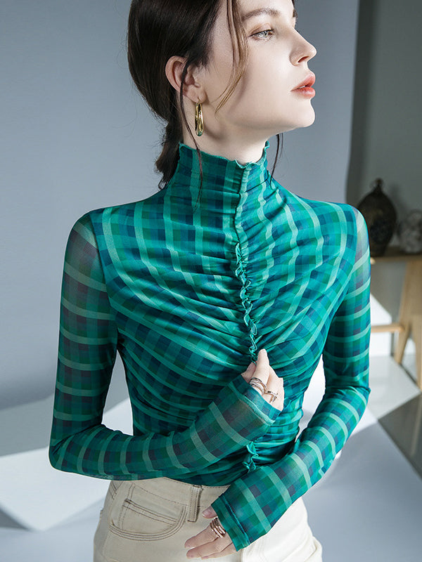 Long Sleeves Skinny Contrast Color Plaid Pleated Split-Joint High-Neck Blouses&Shirts Tops