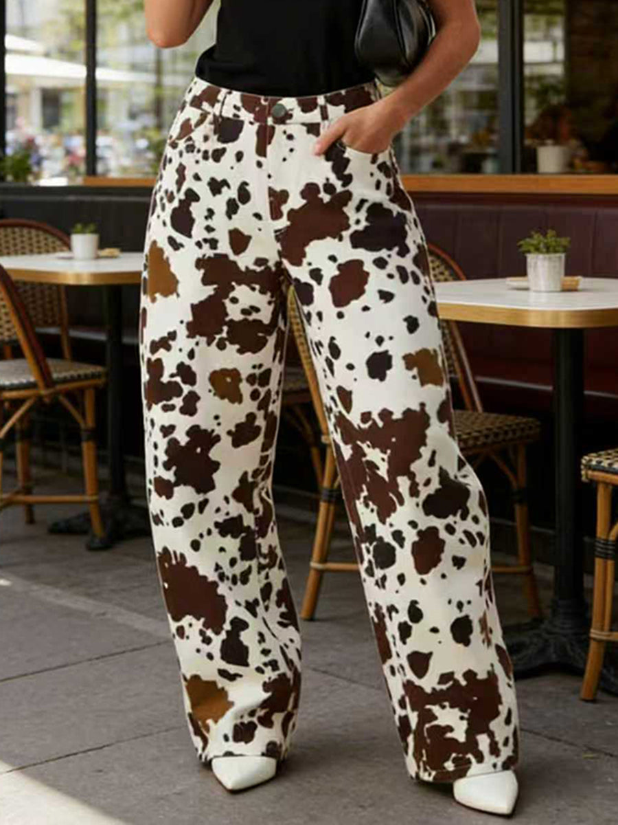Elasticated Waist High Waisted Contrast Color Cow Printed Split-Joint Pants
