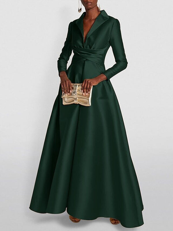 A-Line High Waisted Pleated Solid Color V-Neck Maxi Dresses