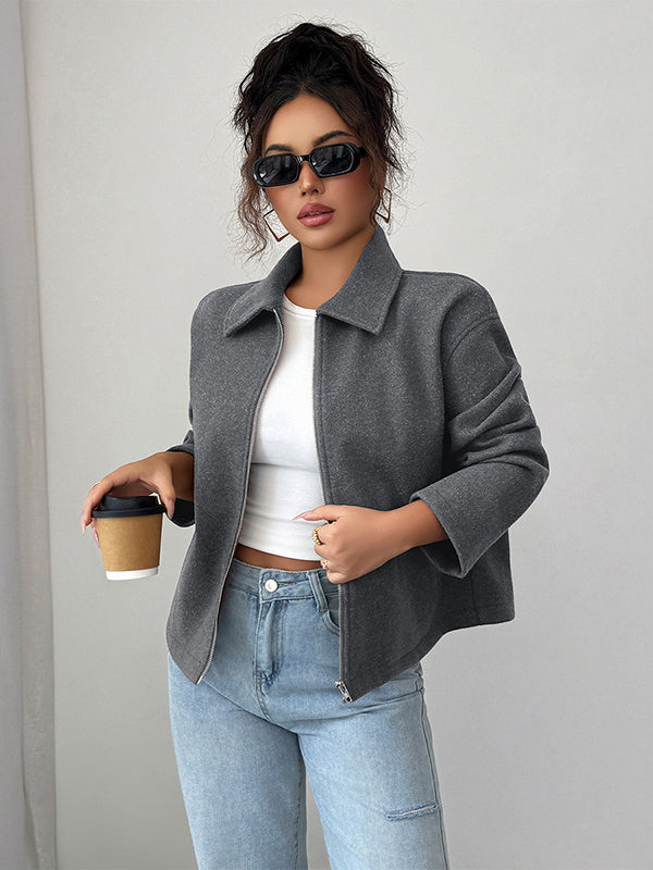 Long Sleeves Loose Solid Color Zipper Lapel Outerwear