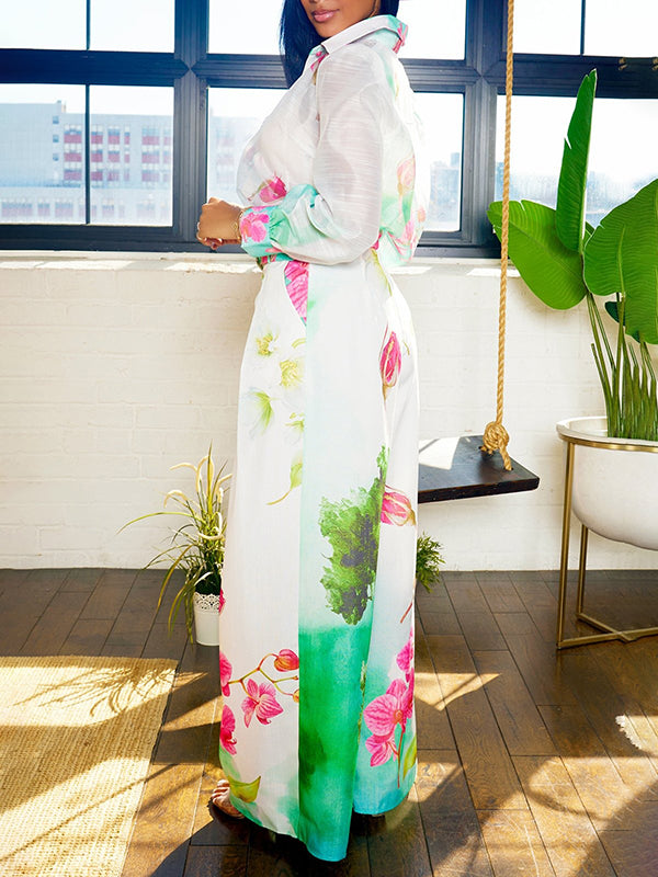 Long Sleeves Loose Floral Printed Gauze See-Through Split-Joint Lapel Blouses&Shirts Tops