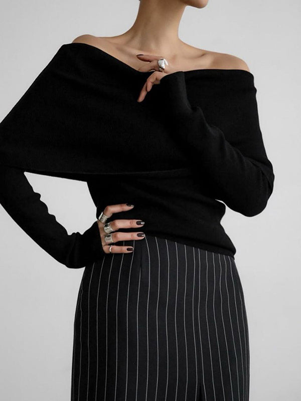 Long Sleeves Loose Solid Color Off-The-Shoulder Pullovers Sweater Tops