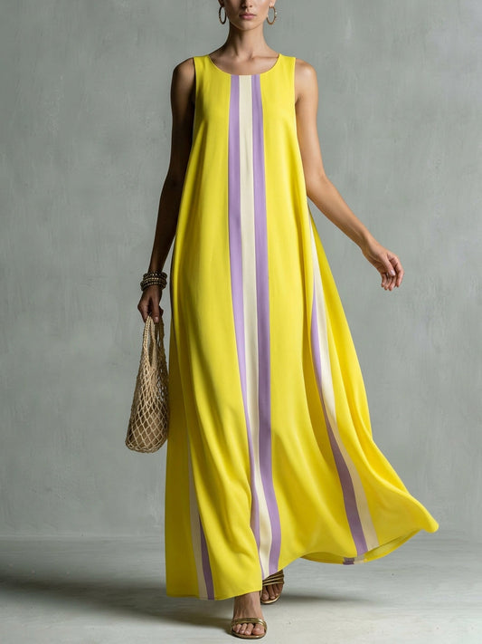 A-Line Loose Pockets Striped Round-Neck Maxi Dresses