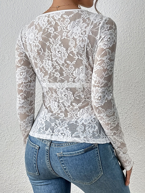 Long Sleeves Skinny Lacy See-Through Solid Color V-Neck T-Shirts