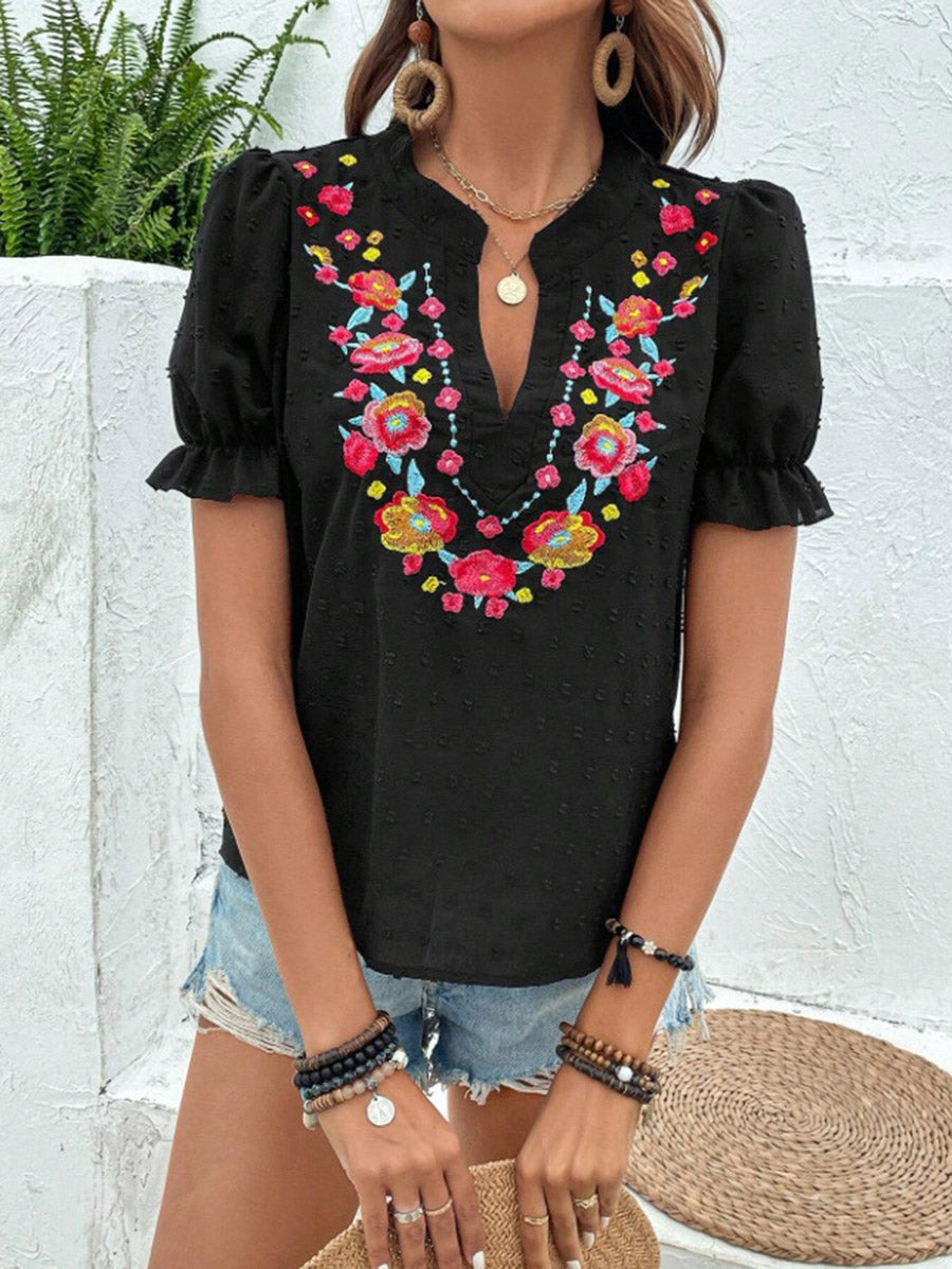 Loose Puff Sleeves Flower-Embellished Contrast Color Jacquard Pleated Ruffled Split-Joint V-Neck Blouses&Shirts Tops