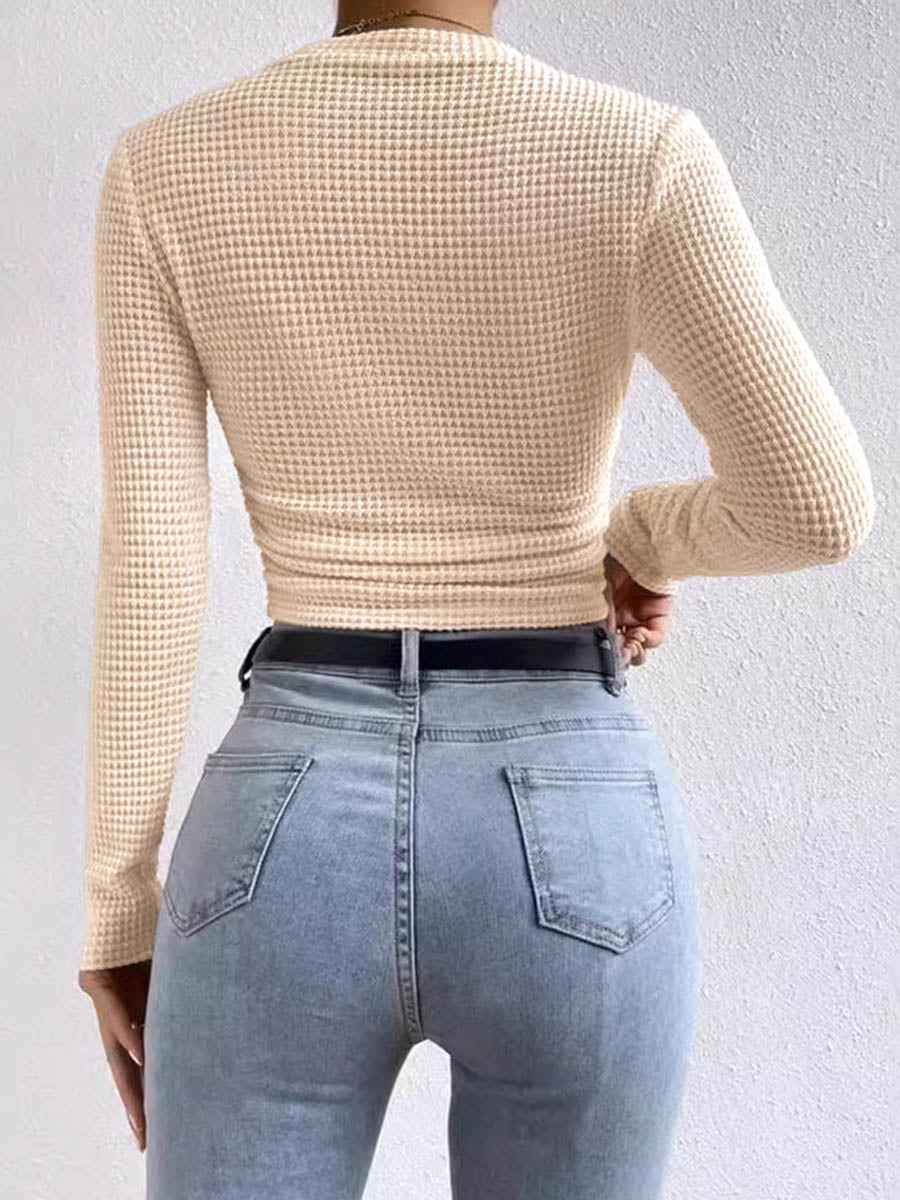 Long Sleeves Skinny Pleated Solid Color Split-Joint Textured Waffle Check Round-Neck T-Shirts Tops