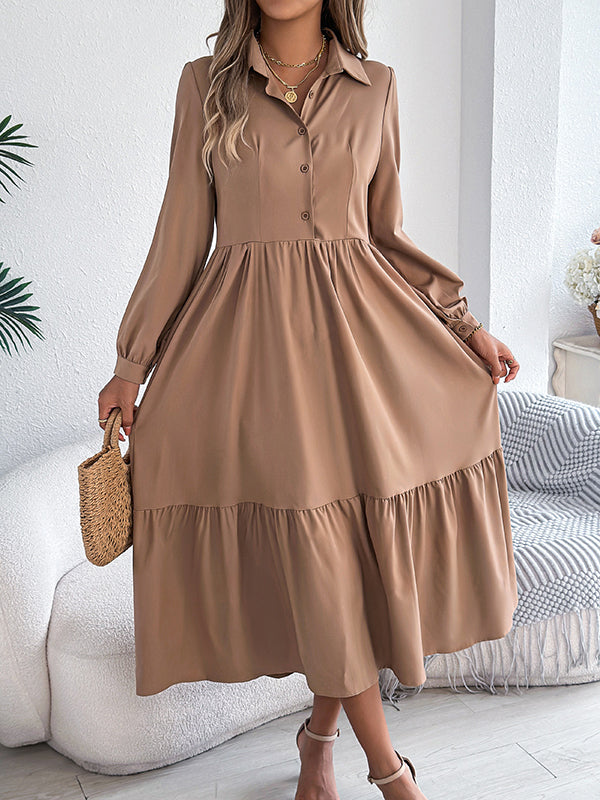 High Waisted Long Sleeves Pleated Ruffled Solid Color Lapel Midi Dresses Shirt Dress