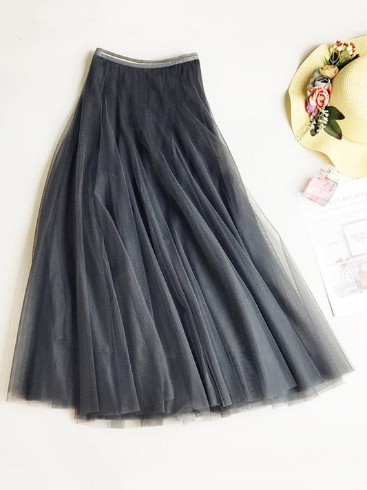 Solid Color Loose Elastic-Waist Mesh Skirt