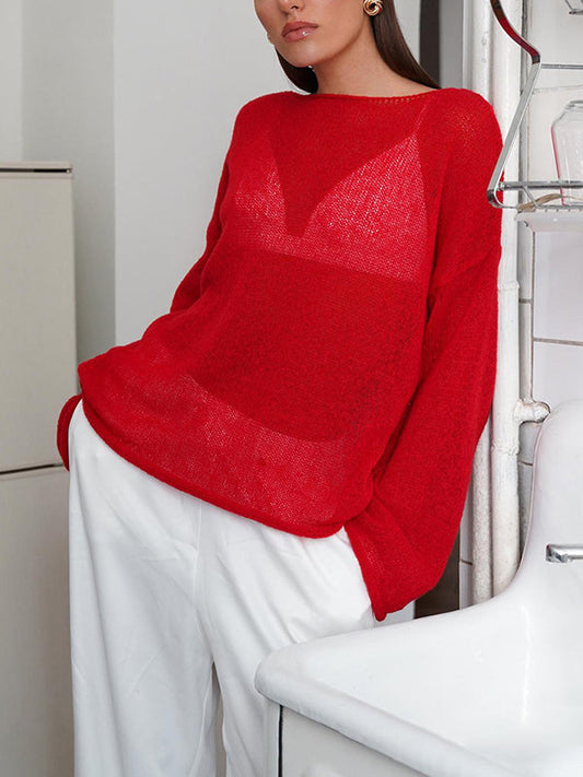Long Sleeves Loose See-Through Solid Color Split-Joint Round-Neck Sweater Tops