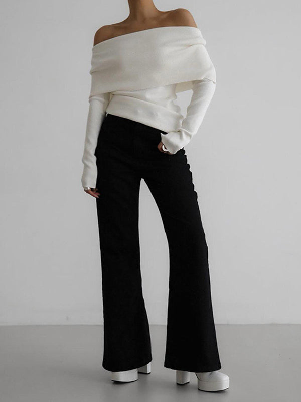 Long Sleeves Loose Solid Color Off-The-Shoulder Pullovers Sweater Tops