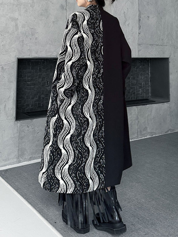 Long Sleeves Loose Buttoned Contrast Color Pockets Stand Collar Woolen Coat