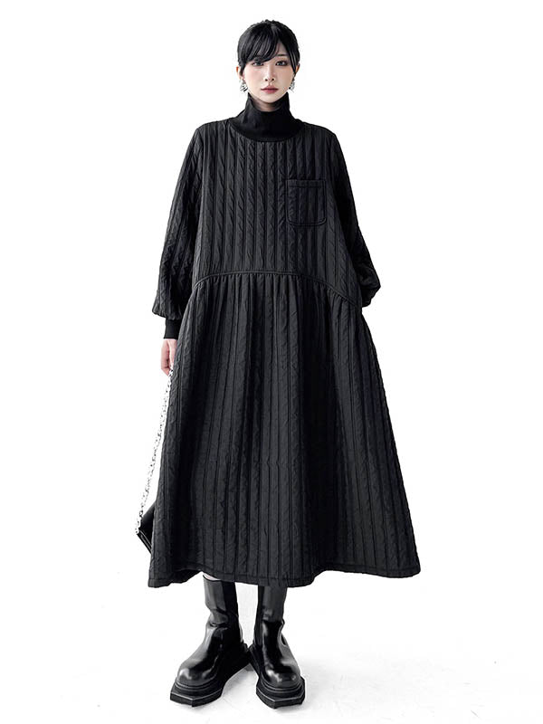 A-Line Long Sleeves Embossed Pockets Quilted Solid Color Split-Joint High Neck Midi Dresses Sweater Dresses