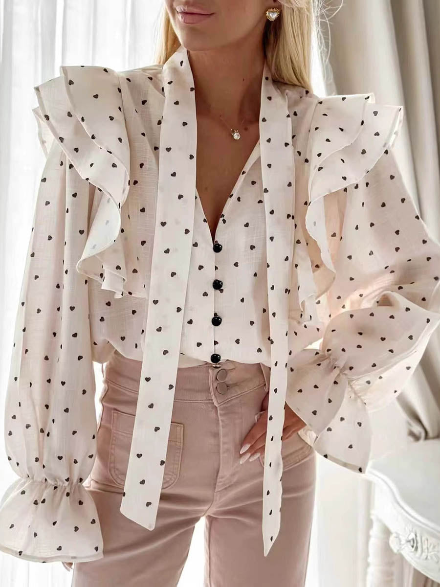 Flared Sleeves Long Sleeves Buttoned Contrast Color Elasticity Polka-Dot Ruffled Split-Joint Lapel Blouses&Shirts Tops