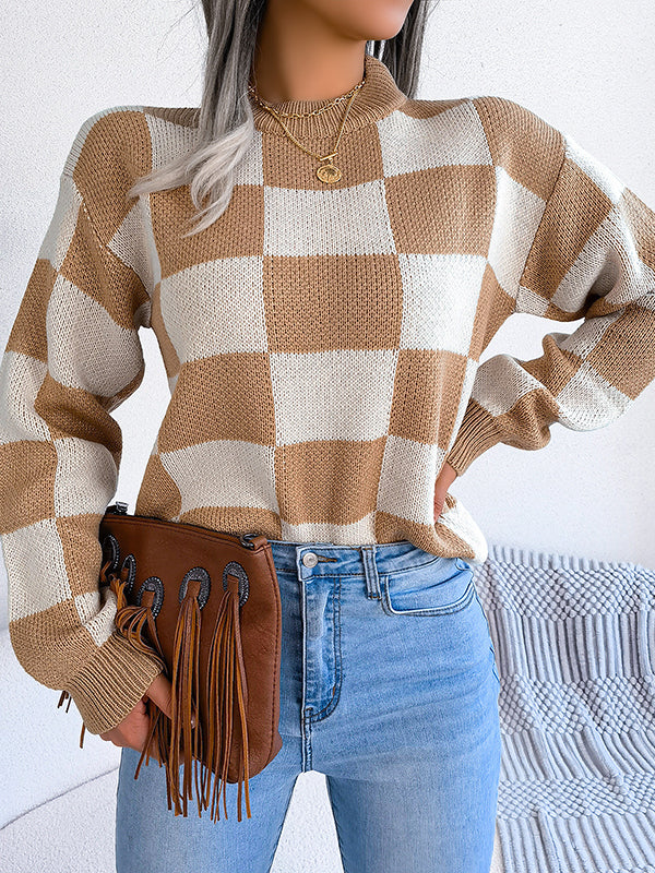 Long Sleeves Loose Contrast Color Plaid Round-Neck Sweater Tops
